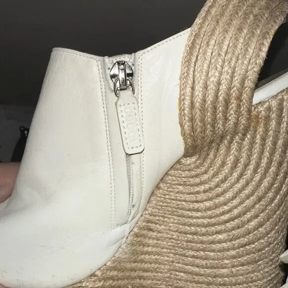 Authentic GUCCI Cream Leather Raffia Jute Wedge Heel Slingback Sandals EU 37.5